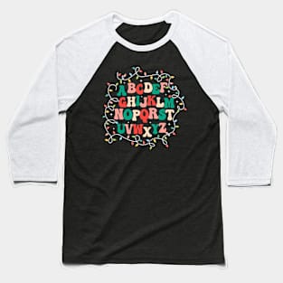 Alphabet Christmas Lights Groovy Alphabet Xmas Boys Girls Baseball T-Shirt